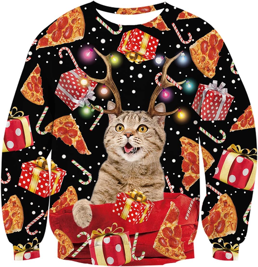 AIDEAONE Unisex Herren Damen Weihnachten Lustiges Sweatshirt Langarm T-Shirt Katzenpizza L, Katzenpi
