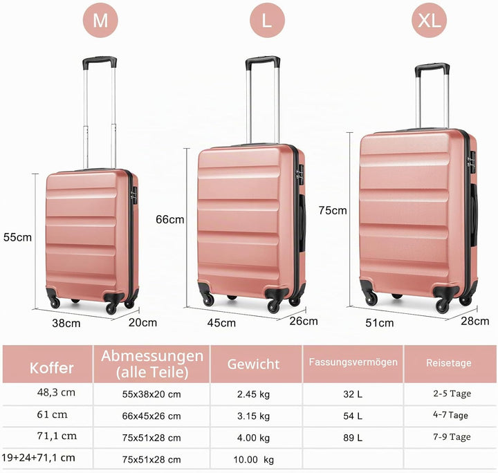 KONO Trolley Koffer Mittelgross Koffer L Hartschalenkoffer Reisekoffer mit Rollen und TSA Schloss Le