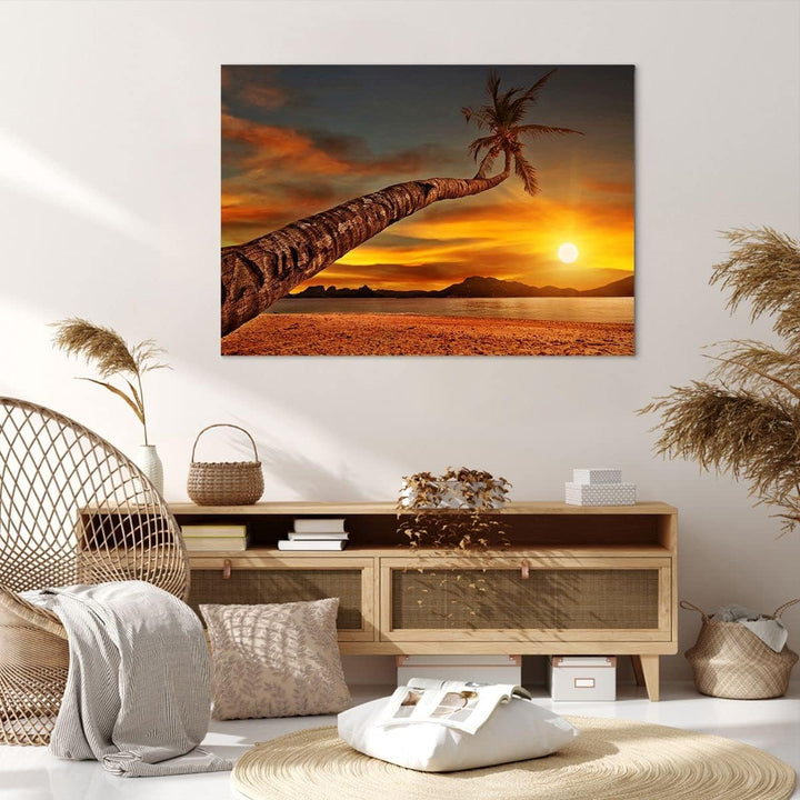 ARTTOR Bilder auf Leinwand 100x70cm Leinwandbild Palme Landschaft Sonne Gross Wanddeko Bild Schlafzi