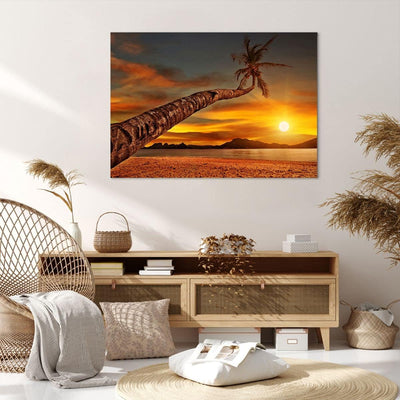 ARTTOR Bilder auf Leinwand 100x70cm Leinwandbild Palme Landschaft Sonne Gross Wanddeko Bild Schlafzi