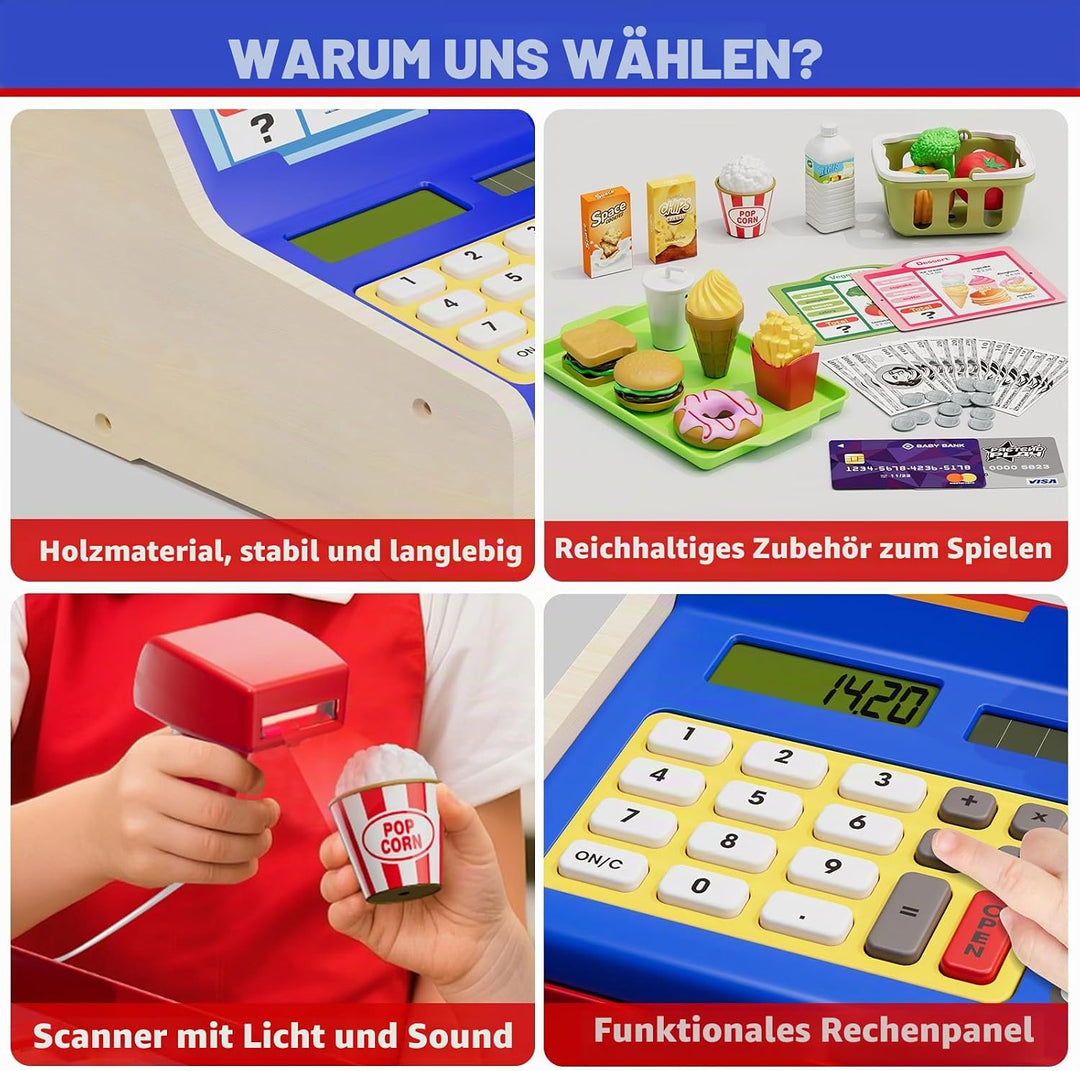 Kinder Kasse Holzkasse mit Sound, Spielkasse Kaufladen Spielzeug mit Spielgeld/Münzen/Kreditkarte/Ei