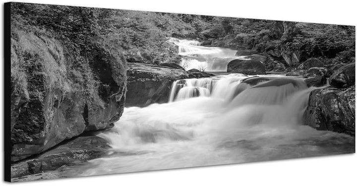 Paul Sinus Art Leinwandfoto als Panorama SCHWARZ/Weiss 150x50cm Wald Fluss Wasserfall Herbst