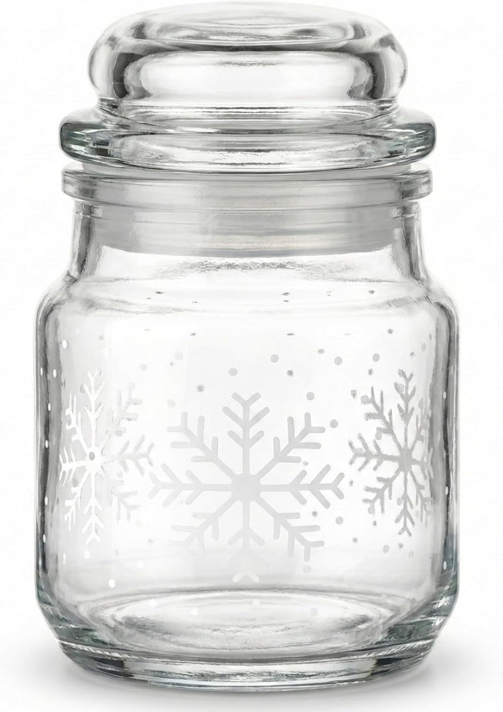 gouveo 12er Set Gläser 100 ml mit Glaskorken - Winter Schneeflocken Design - Vorratsgläser aus Klarg