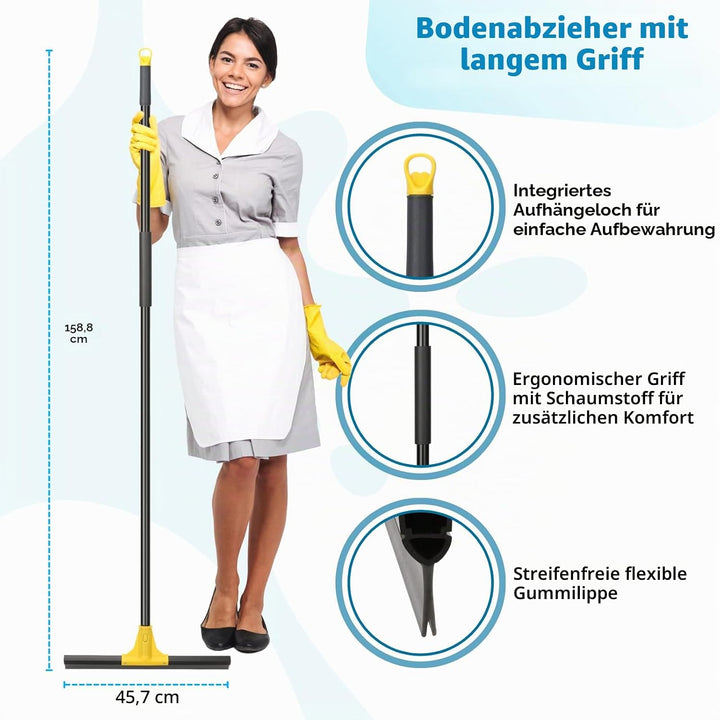 Abzieher Boden, 45 cm, Wasserschieber mit langem Griff (159cm), Bodenabzieher für Badezimmerfliesen,