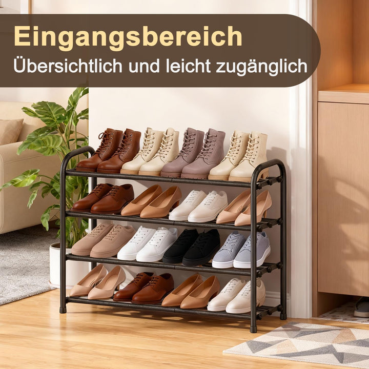 Schuhregal gross schmal ausziehbar 4 Ebenen, Schuhschrank hoch schwarz Metall, Breite 43-78 cm, für