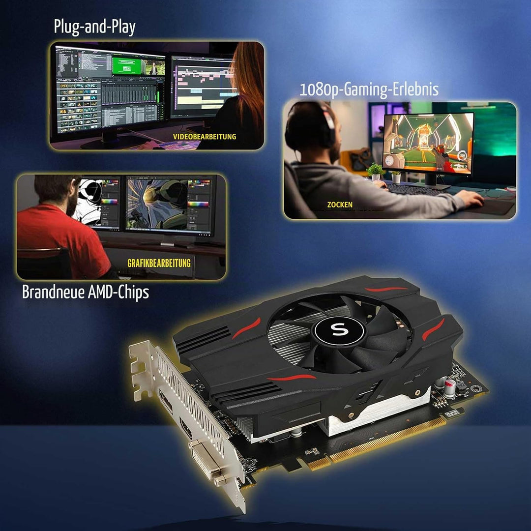 SAPLOS Radeon RX 550 Grafikkarte, 4GB, GDDR5, 128-Bit, DisplayPort DVI-D HDMI, ITX Design, PC Graphi