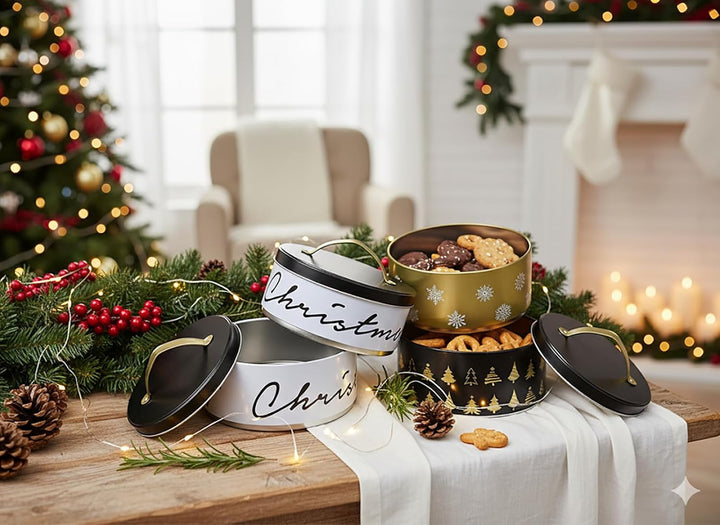 KAMACA 3-stöckige Weihnachts- Keksdose mit Tragegriff jede Ebene separat befüllbar mit Deckel transp