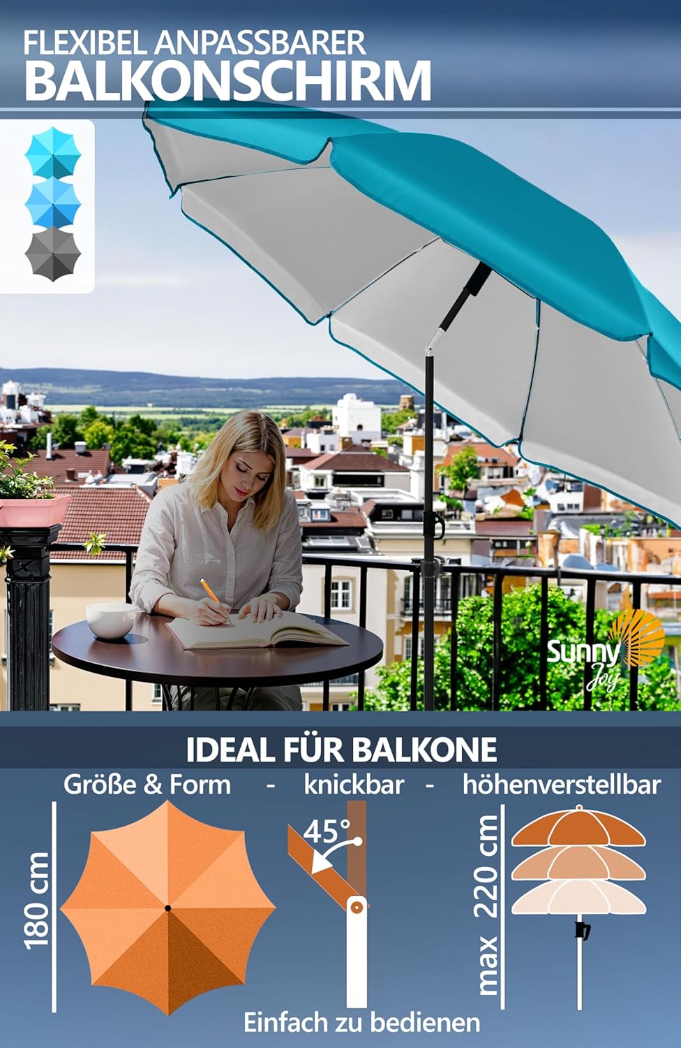 4smile Sonnenschirm Balkon SunnyJoy Ø 180 cm, 3-IN-1 Set - UPF 50+ Balkon Schirm + Sonnenschirmhalte