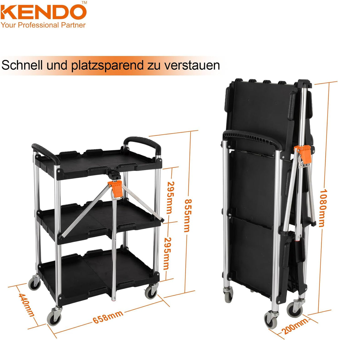 KENDO Servierwagen klappbar - Rollwagen Küche, Beistellwagen mit gebremsten Rollen und Zuladung bis