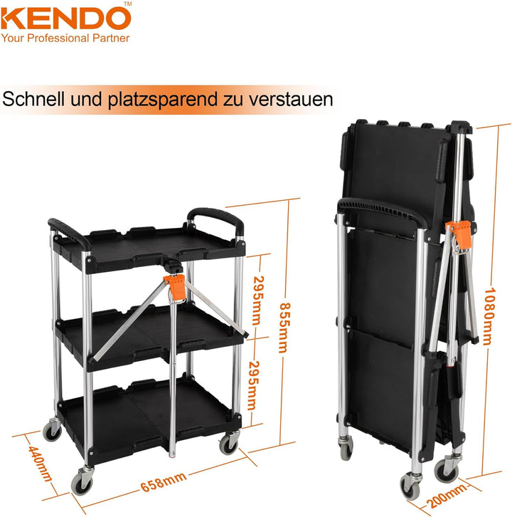 KENDO Servierwagen klappbar - Rollwagen Küche, Beistellwagen mit gebremsten Rollen und Zuladung bis