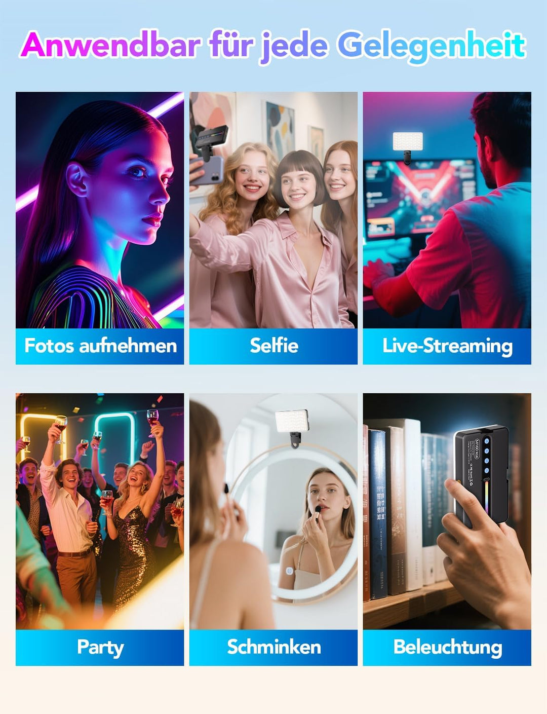 RGB 138 LED Videolicht, Tragbares 2700-6500K Handy Licht, Wiederaufladbar 1800mAh CRI95+ Selfie Lich