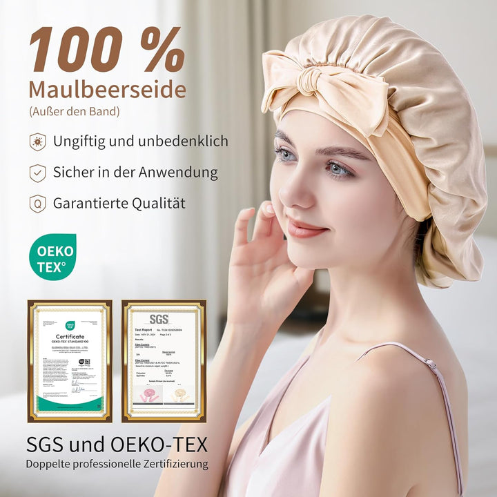 Seidenhaube zum Schlafen, 100% Maulbeerseide Haarhaube, 22 Momme Doppellagig Beidseitig Nutzbar, Sch
