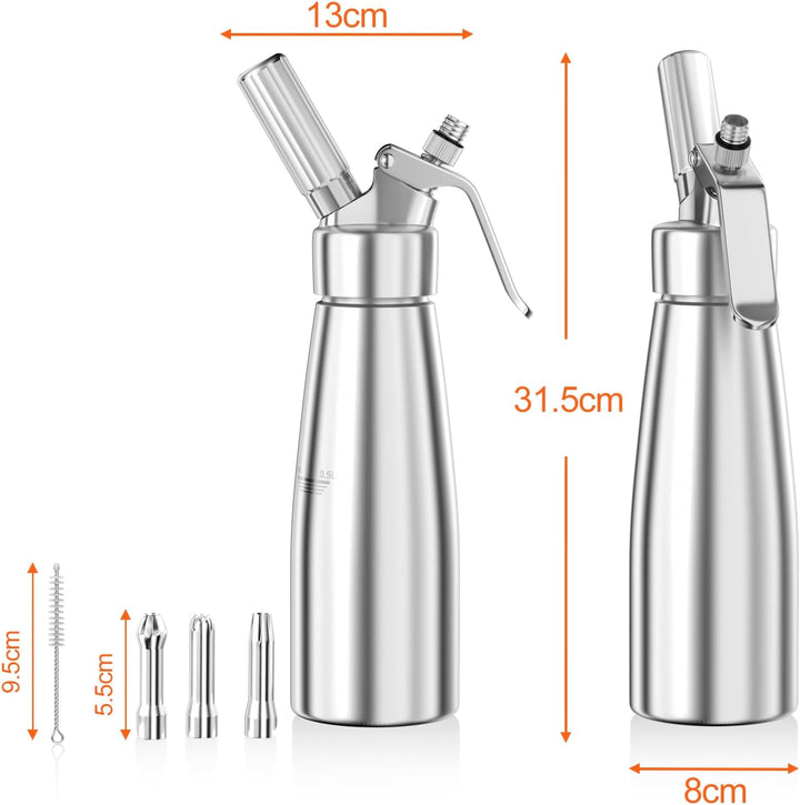 Newaner 500ml sahnespender, Sahnesyphon Aluminium mit 3 Edelstahl Deko-Düsen und 1 Reinigungbürste,