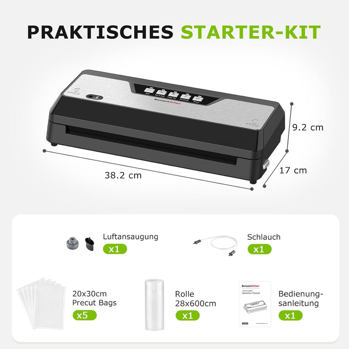Bonsenkitchen Vakumierergerät für Lebensmittel, Vakuumierer mit Cutter Aufbewahrung, Kompakter für S
