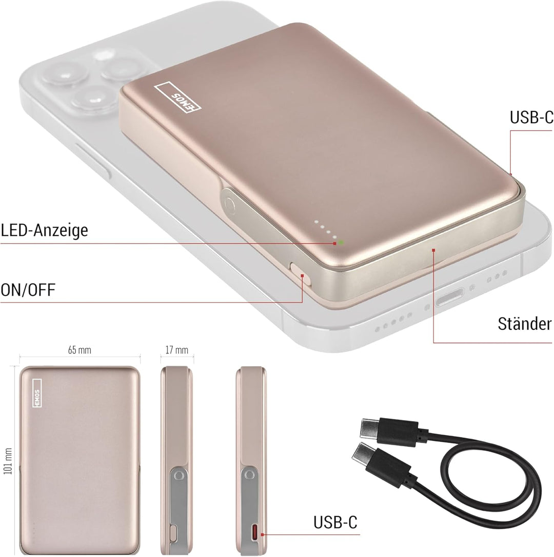 EMOS - Powerbank 10 000 mAh WI 1031 mit Magnet - magnetischer externer Akku mit Passthrough und Wire