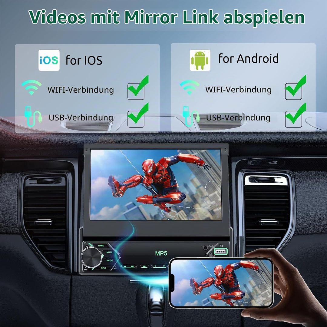 VECHTEL Autoradio 1 Din mit Drahtlos Carplay Android Auto, 7 Zoll IPS HD Manueller Flip Touchscreen