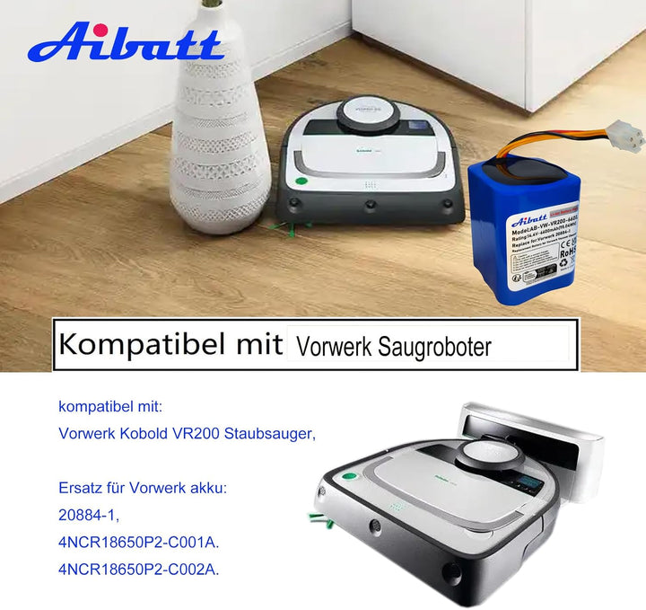 6600mAh Li-Ion Akku, Ersatzakku für Vorwerk Kobold VR200 Staubsauger, Ersatz für Vorwerk 20884-1, 4N