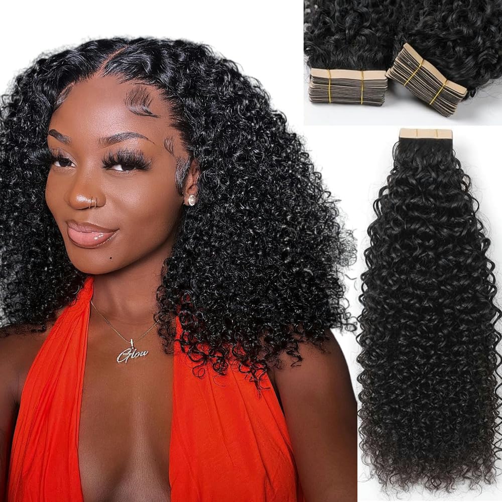 YDDM 14 Zoll Tape Extensions Echthaar 40 StüCk 60g Schwarz Kinky Curly Tape In HaarverläNgerung Echt