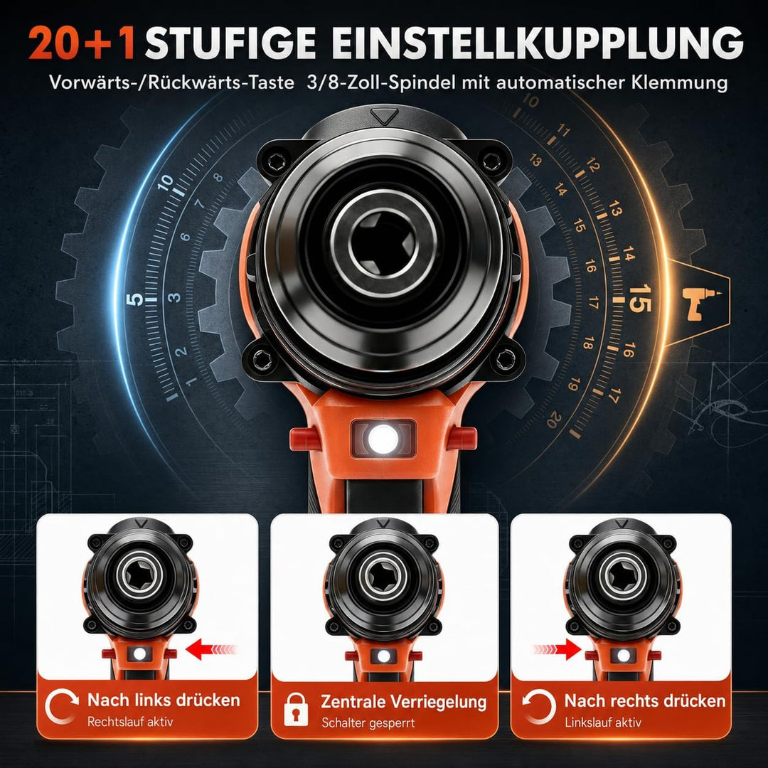 Akkuschrauber Set 21V, Bürstenloser Akku Bohrschrauber | Mit 2×1,5Ah Akkus, 45–50 Nm, 21+1 Drehmomen