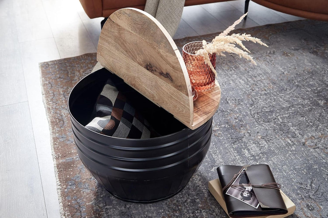 FineBuy Couchtisch Mango Massivholz Metall 60x41x60 cm Industrial Style Rund | Design Wohnzimmertisc