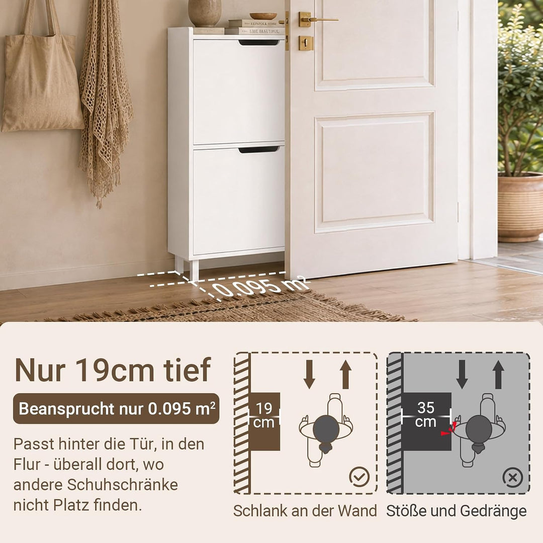 SoBuy Schuhschrank schmal mit 2 Klappen Platzsparender Schuhkipper Hoch Kommode Schuhregal geschloss