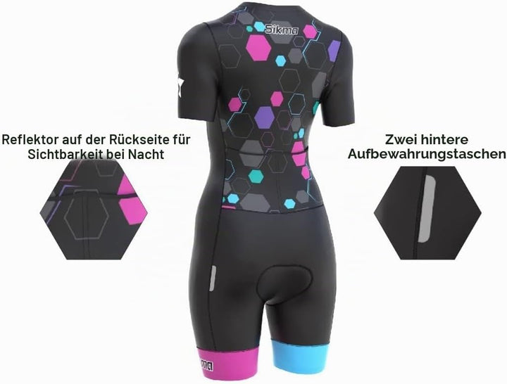 Radsport-Skinsuit für Damen, gepolstert, einteilig, Trisuit, Bike-Top, kurz, sublimiertes Design, Tr