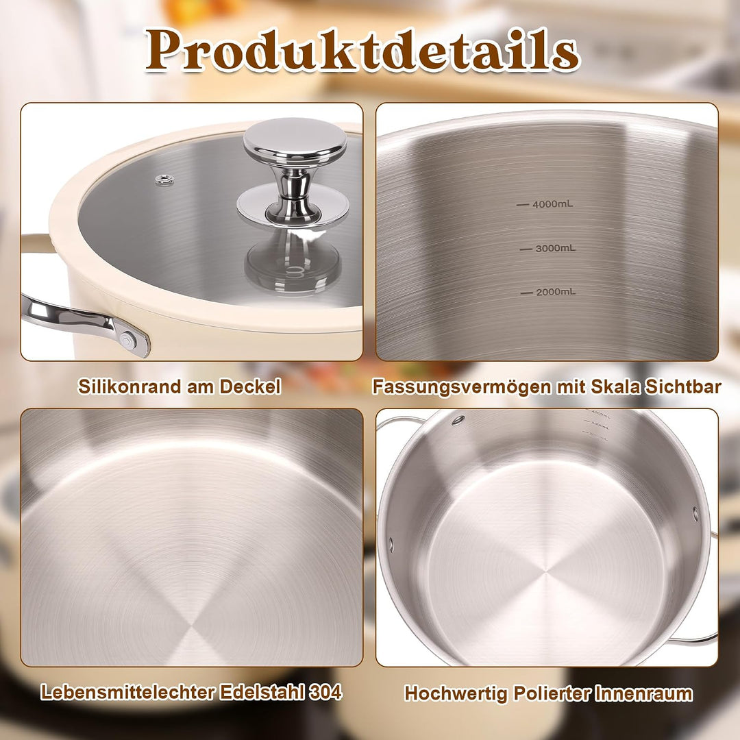 Edelstahl Kochgeschirr-Set Keramikbeschichtet, Beige | Kochtopf, Dampftopf, Suppentopf, Antihaftbesc