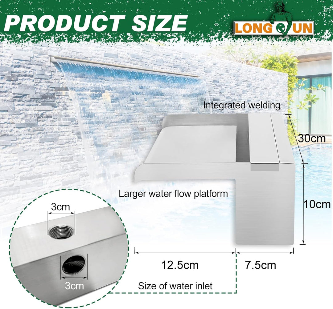 LONGRUN Edelstahl Wasserfall Überlauf, APP Kontrolle Multi-Farben LED-Licht Draussen Pool Brunnen, K