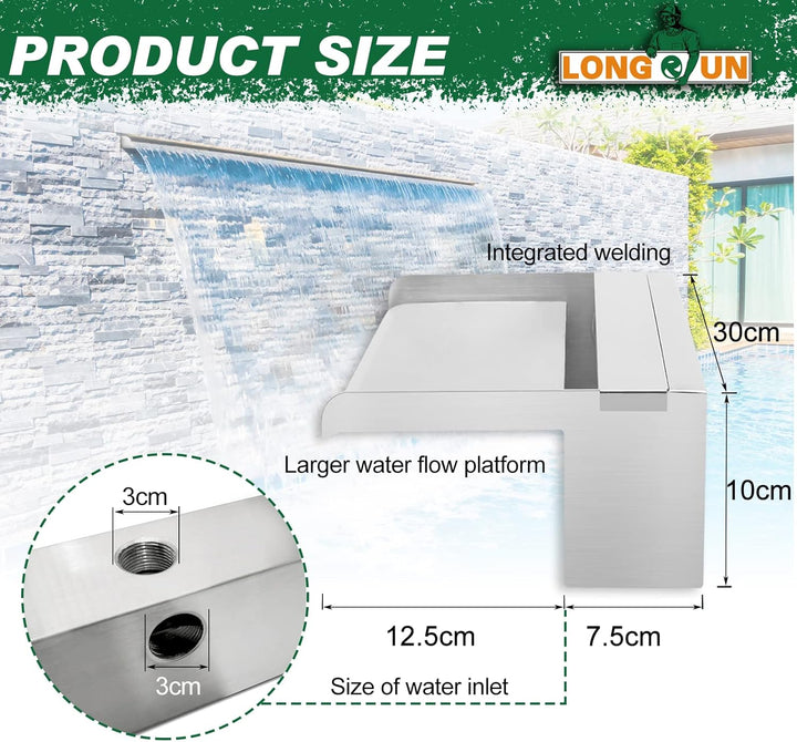 LONGRUN Edelstahl Wasserfall Überlauf, APP Kontrolle Multi-Farben LED-Licht Draussen Pool Brunnen, K