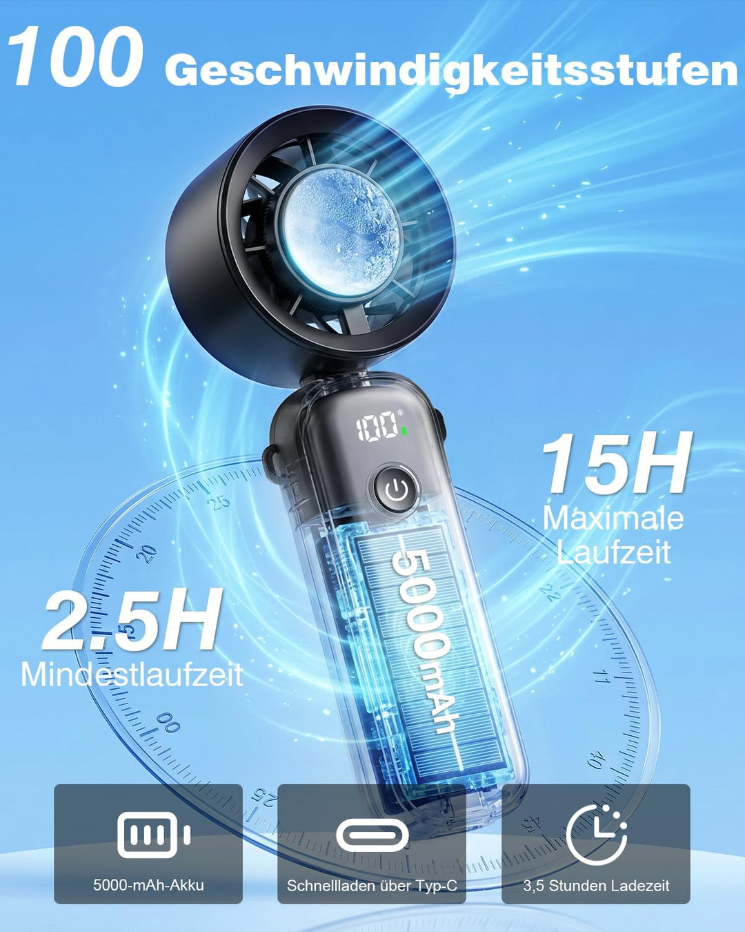Spopal Handventilator mit Kühlmodus, Tragbarer Mini Ventilator, 15000 U/min | 3-IN-1 Hand/Schreibtis