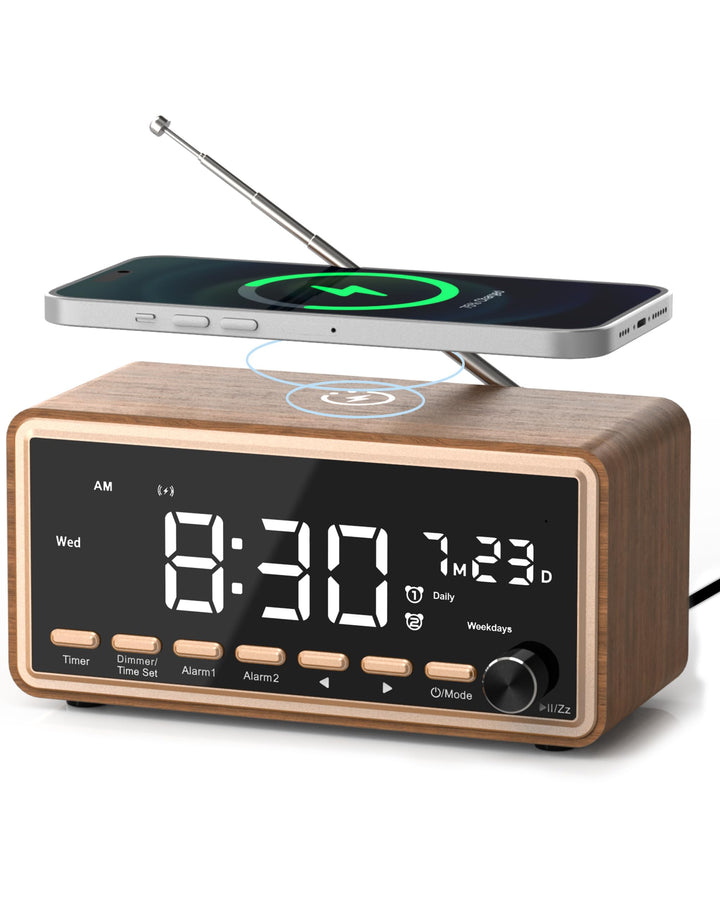 Wecker Digital mit FM-Radio, Dual-Alarm, Bluetooth Lautsprecher, White Noise Machine, Wireless Charg