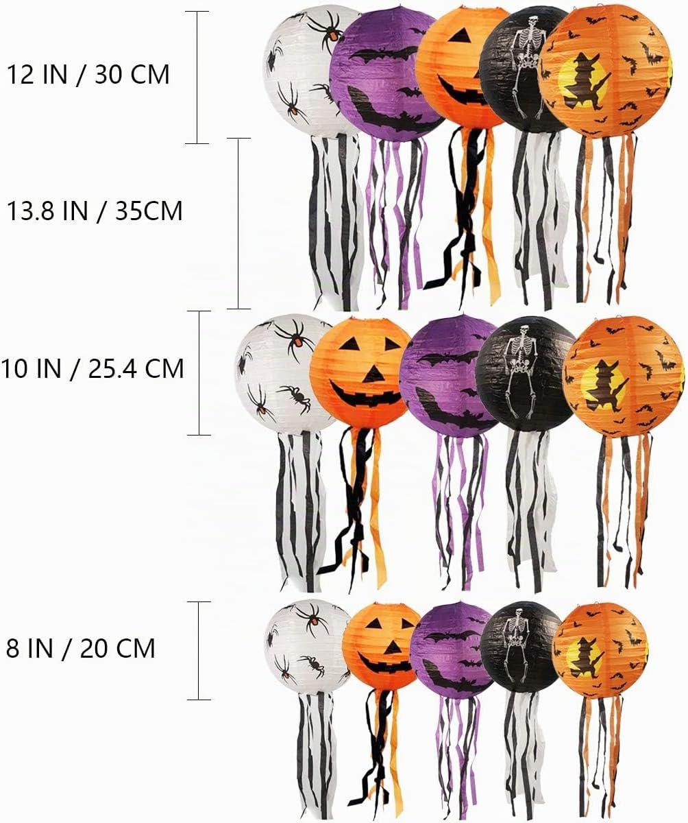 15 Stück Halloween Papier Laternen, 20cm, 25cm, 30cm Kürbis Spinnen Geister Papierlaterne Jack-O-Lat