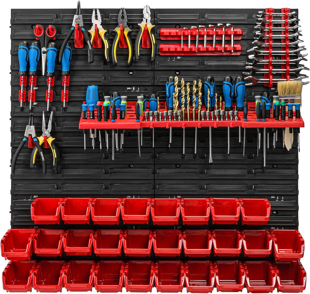 Lagersystem Werkstattregal | 78 x 78 cm | 28 stck. Box | Wandregal mit Werkzeughalterungen und Stape