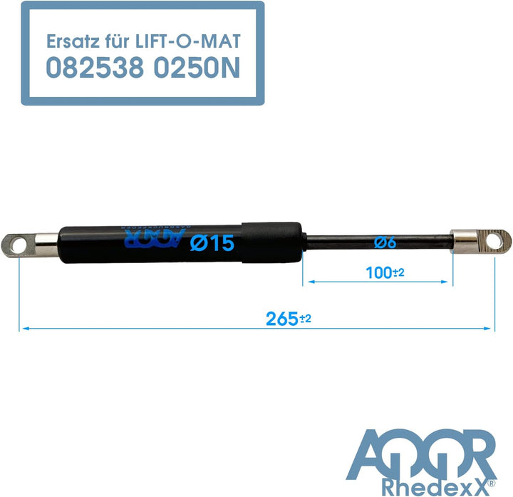 RhedexX® Gasdruckfeder Ersatz für STABILUS LIFT-O-MAT 082538 0250N - 265mm/100mm/250N mit M6 Augenau