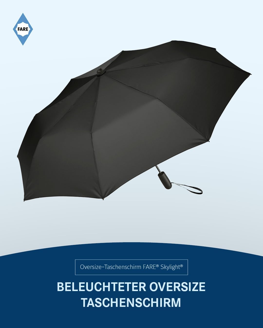FARE Oversize-Taschenschirm Skylight (schwarz) - Effektvoller Regenschirm mit LED-Innenbeleuchtung u
