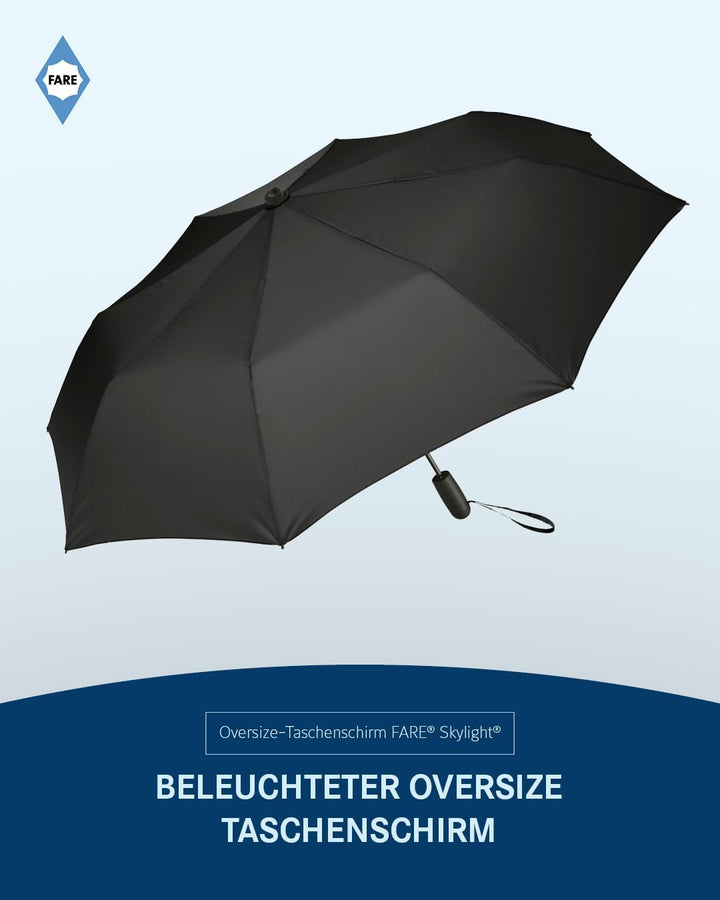 FARE Oversize-Taschenschirm Skylight (schwarz) - Effektvoller Regenschirm mit LED-Innenbeleuchtung u