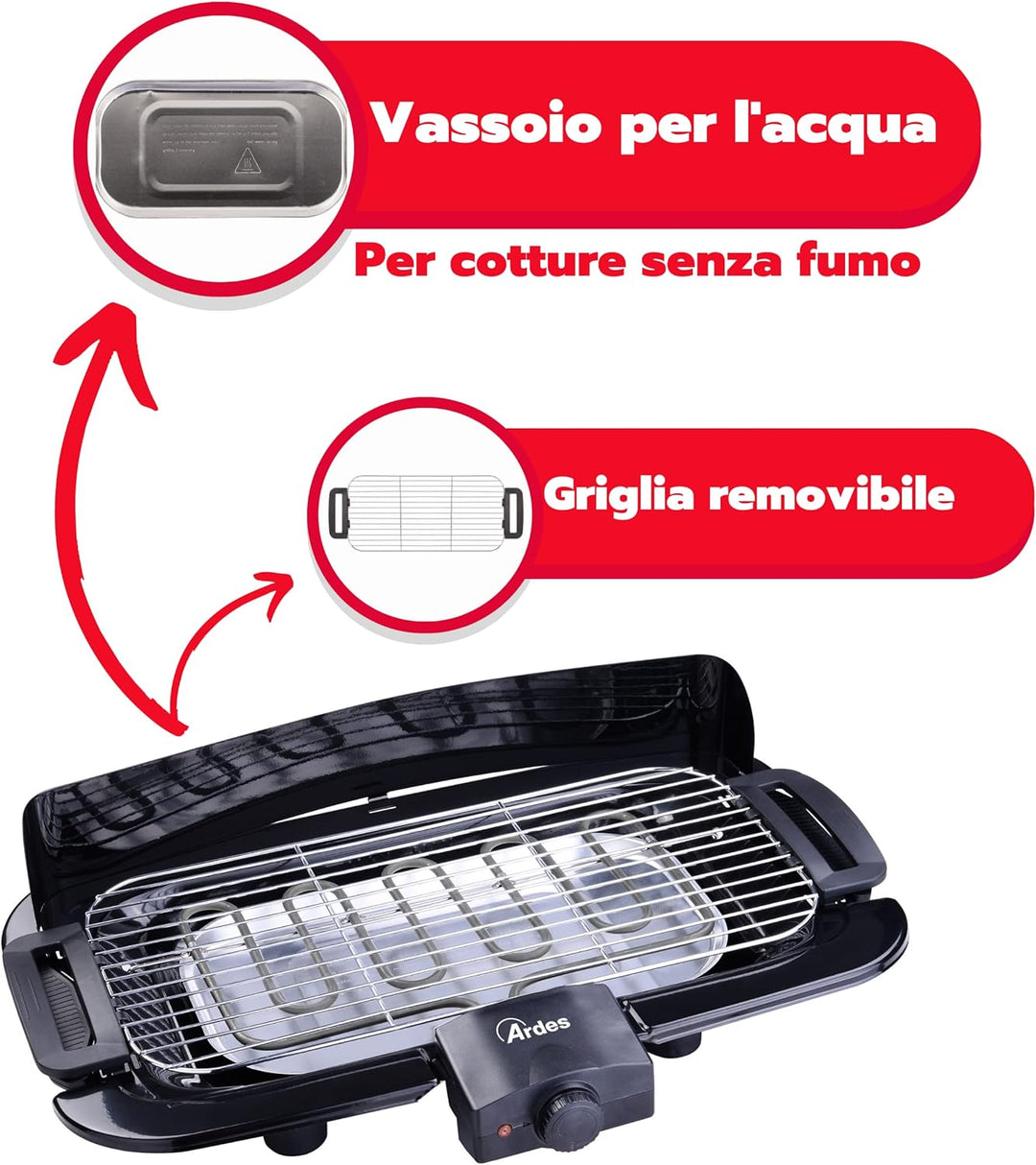 ARDES - AR1B02 Elektrogrill Rauchfrei 2000 W Tragbarer elektrischer Balkongrill Grill für Innen- und