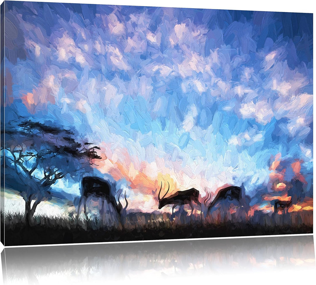 Pixxprint Tiere in der freien Natur am Abend Kunst Pinsel Effekt, Format: 100x70 auf Leinwand, XXL r