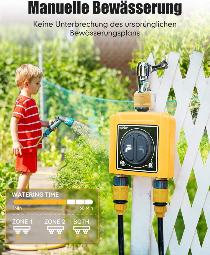 RAINPOINT Bewässerungscomputer WLAN 2 Ausgänge mit Messingeinlass und -auslass,Zeitschalter mit Rege