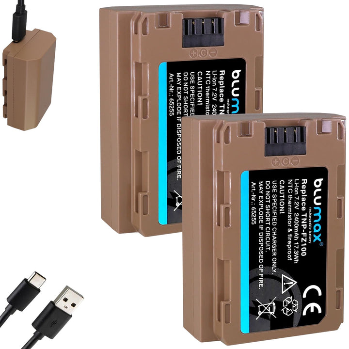 2X Blumax Akku ersetzt Sony NP-FZ100 (2400mAh) mit USB Typ-C Ladebuchse - NTC-Sensor &amp; V1-Gehäuse -