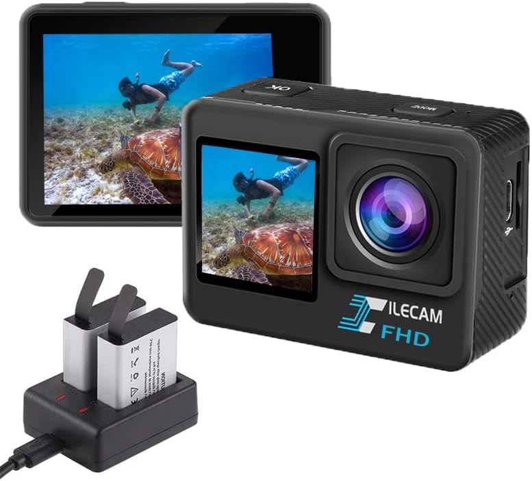 Xilecam Dual Screen Action Cam 1080P /WiFi wasserdichte Kamera, 4 x Zoom, 131 Fuss (40 m), wasserdic