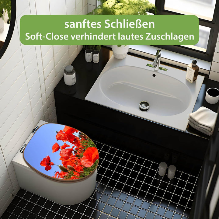 banjado® Design WC Sitz Bambus Absenkautomatik mit Motiv Mohnblumen/Toilettendeckel mit Absenkautoma