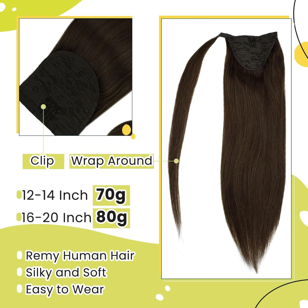 RUNATURE Zopf Echthaar Braun 35cm Unsichtbarer Clip in Ponytail Echthaar Extensions 70g/pack Glatt P