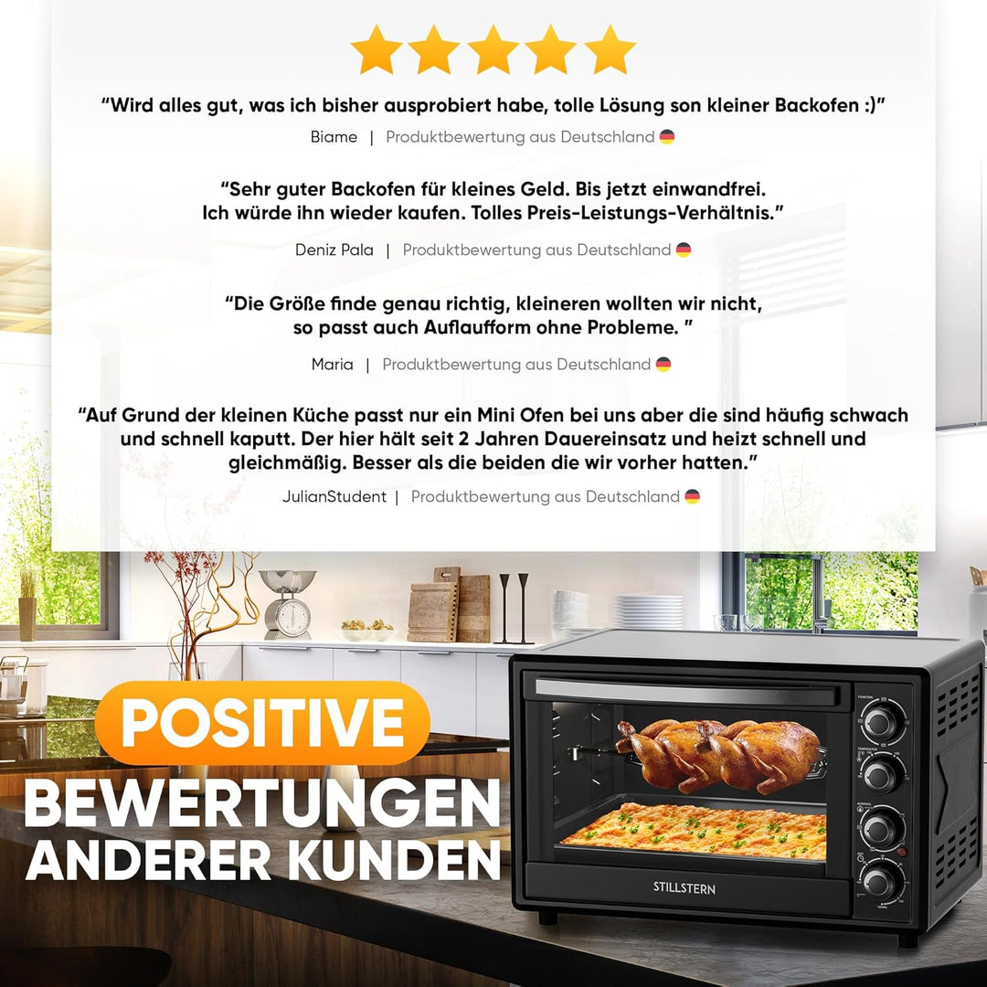 Stillstern Minibackofen mit Umluft (45L) Deutsche Version, 2x Backblech, Ofenhandschuhe, Rezeptheft,