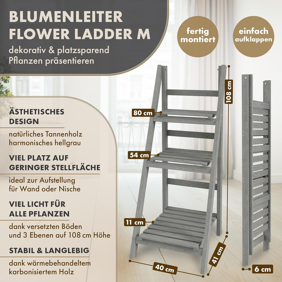 Blumenleiter Flower Ladder M 108x41x40cm hellgrau - 3-Ebenen Natur Holz Leiterregal Blumentreppe Blu