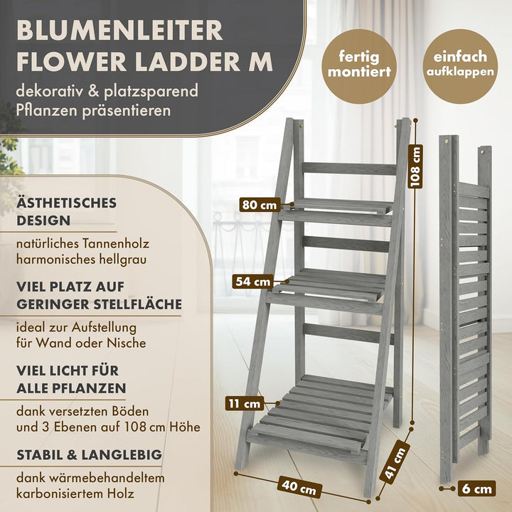 Blumenleiter Flower Ladder M 108x41x40cm hellgrau - 3-Ebenen Natur Holz Leiterregal Blumentreppe Blu