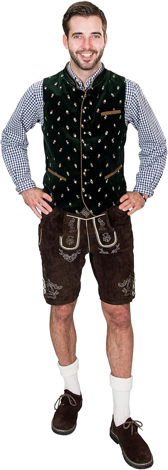 Bayerische Herren Trachten Lederhose kurz, Elegante Trachtenlederhose mit Trägern, original in Dunke