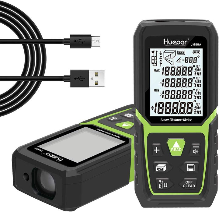 Huepar Laser Entfernungsmesser 50M mit Li-Ion-Akku, mit LCD Hintergrundbeleuchtung M/In/Ft mit Mehre