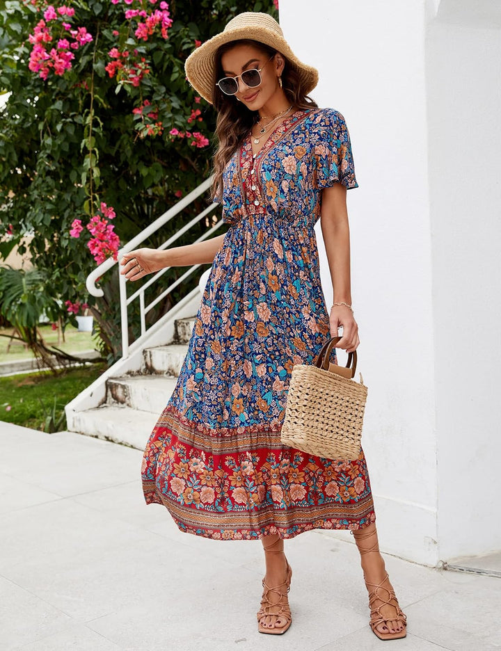 Clearlove Damen Sommerkleid Boho Kurzarm Midi Kleider V-Ausschnitt Strandkleid lang Blumenkleid Rüsc