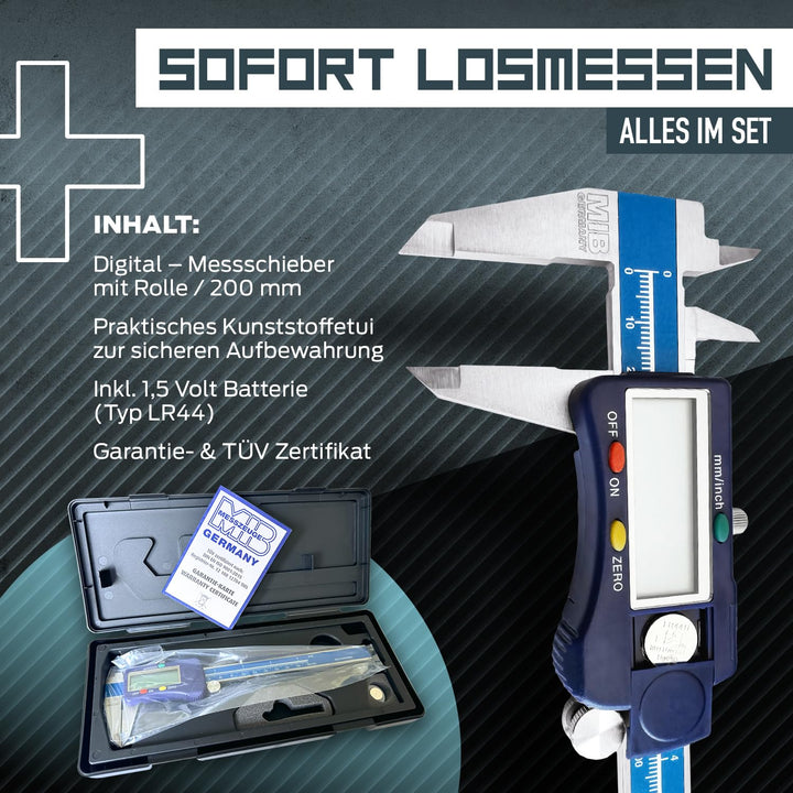 MIB Digitaler Messschieber mit Rolle DIN 862 200mm | Werkzeug für präzise Messungen | Messschieber d